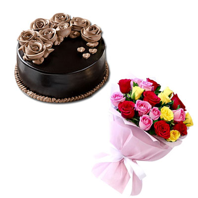 "Round shape chocolate cake - 1kg, Beautiful flower bunch - Click here to View more details about this Product
